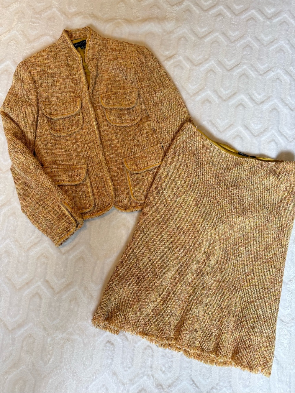 Anne Klein Vintage Tweed Suit Jacket and Skirt Gold Orange Brown 4